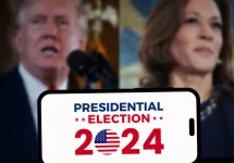 The 2024 American presidential election concept^ with Donald Trump and Kamala Harris in the background. Donald Trump vs Kamala Harris for US President.