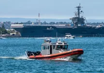 A photo of a U.S. Coast Guard cutter boat in the Tuna Harbor area. SAN DIEGO^ CA/U.S.A. - AUGUST 17^ 2019