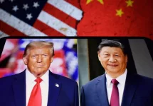 Photos of U.S. President Donald Trump and President of the People's Republic of China Xi Jinping appear on a smartphone screen. 11.04.2025. New York^ USA.