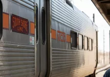 Train cars of the South Shore Line stop in Downtown Gary Indiana. Gary^ Indiana^ USA - March 28^ 2022