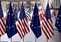 European and US flags in European Council in Brussels^ Belgium on May 25^ 2017.