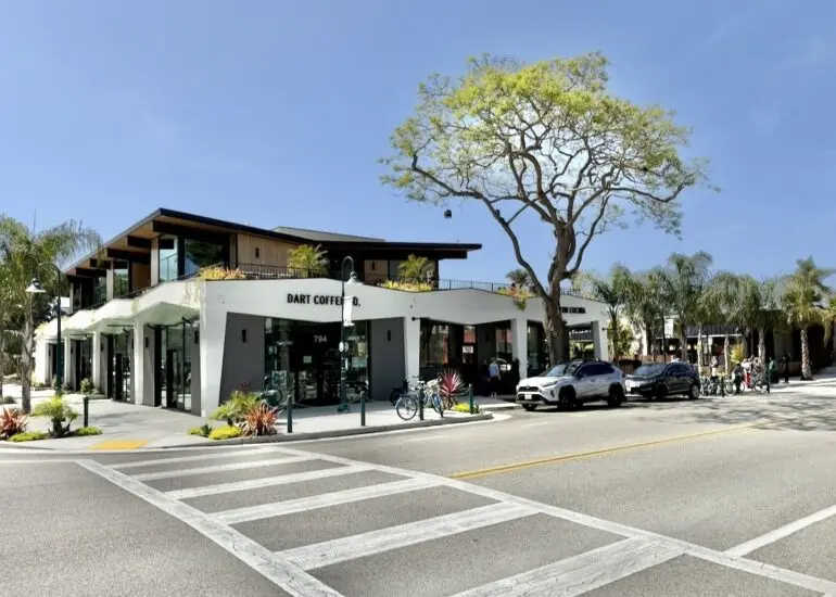 For all its small-town charm, Carpinteria has lacked a center, but no longer: Linden Square is open, and as I mentioned the other day, it feels great—both from the street, where it has curb appeal unmatched by anywhere else in downtown Carpinteria, and on the premises. DMHA worked on the shell, while Kevin Moore Architect and AB Design Studio handled the interiors, and Jodi G designed the public spaces. At its core is a broad courtyard open to one and all; there’s also some interior communal seating, and the restaurants each have their own dedicated seats. The photos in this post were taken during the ribbon cutting, which is why people are standing around like that. Linden Square has assembled a murderer’s row of Santa Barbara establishments—Third Window Brewing Co., Tina’s (from Bettina), Corazón Cocina, and Dart Coffee Co.—which is a little more exciting for Carpinterians than Santa Barbarans who might wonder why should make the trip. Third Window has the primest position, in an airy space on Linden Avenue with garage door–style windows.