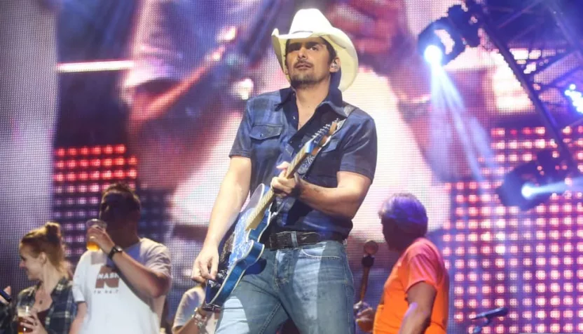 ountry musician Brad Paisley performs onstage at the 2015 FarmBorough Festival - Day 2 at Randall's Island on June 27^ 2015 in New York City.