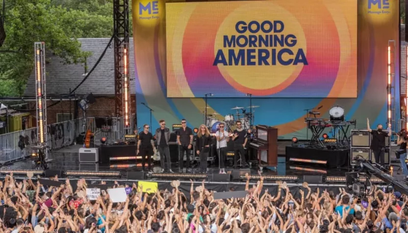 New York^ NY - July 15^ 2022: Members of pop rock band One Republic pose on stage after ABC Good Morning America summer concert at Central Park