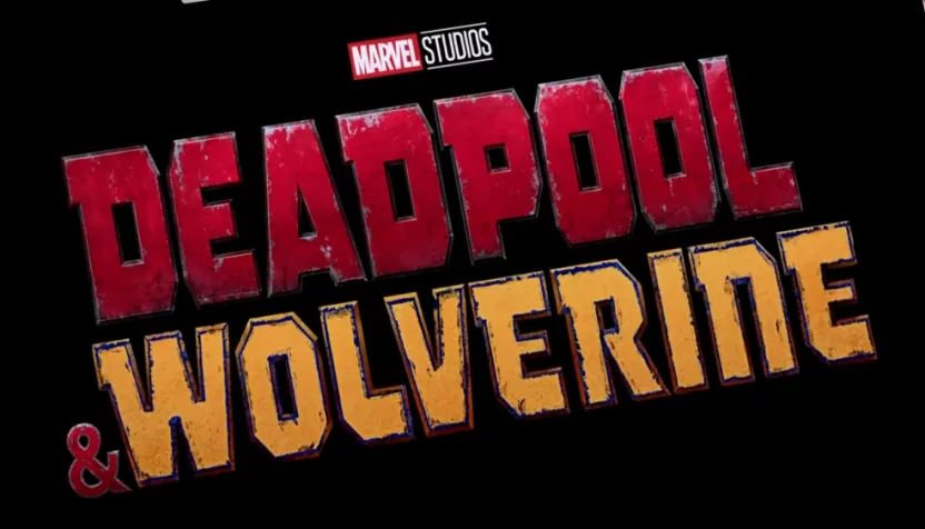 Logo of Deadpool and Wolverine movie on phone screen with movie trailer on the background on TV screen.