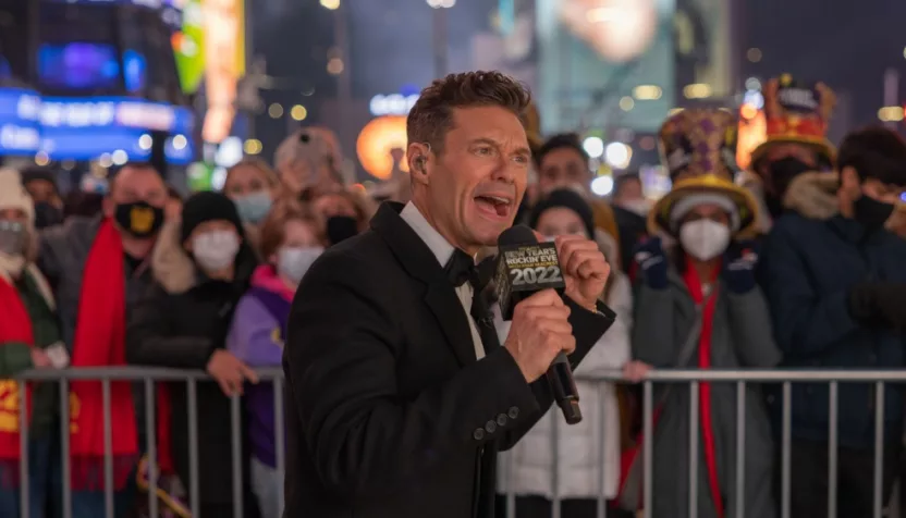 Ryan Seacrest is seen in Times Square during a New Year's Eve broadcast. NEW YORK^ N.Y. – December 31^ 2021