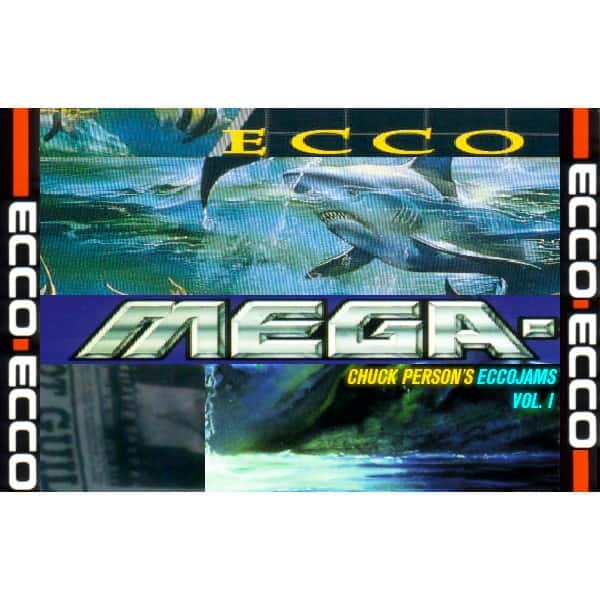 Image of Album art from Chuck Person's Eccojams Volume 1, the tape that invented Vaporwave" The art is blue and features a photo of a shark