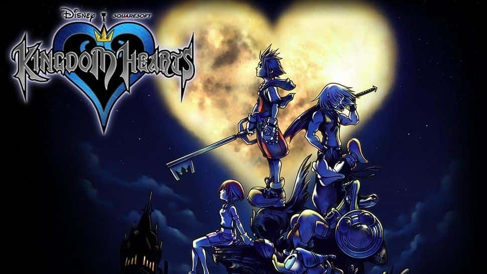 Cover art from Kingdom Hearts. Features the three main characters posing in front of a heart shaped moon, against a dark night sky. They all look off in different directions. Very somber. 