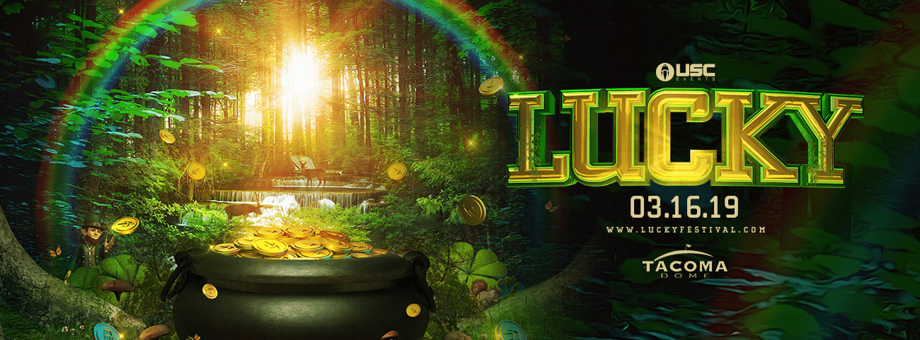 Lucky promotional picture: a green forest with a pot of gold sitting under a rainbow.