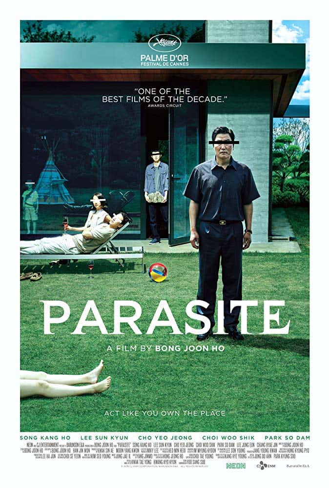 Parasite’s eerie movie poster. Director and Actors names present. Image shows a backyard with a man standing, two girls lounging and two boys peeking out from inside the home. There are two legs in the grass, the body not pictured.]
