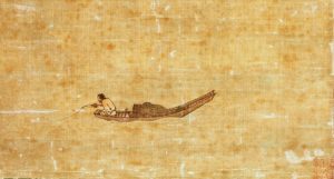 An old painting of a fisherman in a canoe like boat. He is fishing of the back of the boat with a rod. A large portion of the canvas is empty.