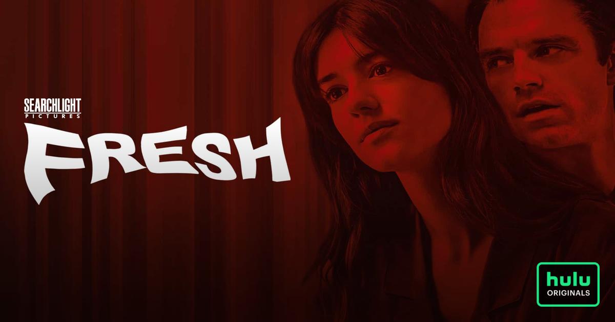 In monochromatic red, a headshot of a young woman and a man with the title “Fresh” in wavy font