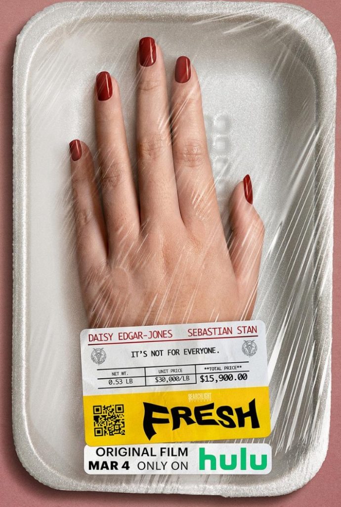 A woman’s hand with the nails painted red packaged in styrofoam and saran wrap