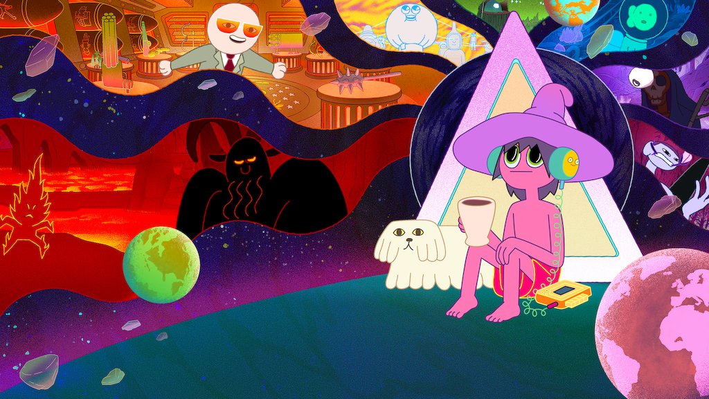 An animated pink man in red shorts, a purple hat, and blew headphones sits beside a white dog on the right. To the left are brightly colored images of earth, space creatures, and asteroids. 