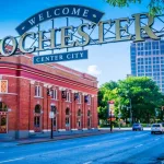 'Welcome to Rochester' New York sign in downtown Rochester. Rochester^ NY - July 16^ 2017