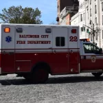 Baltimore City Fire Department ambulance driving through Mount Vernon