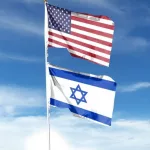 American and Israeli flags fly in the cloudy sky