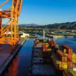 Container vessel approaching the berth Manzanillo^ Mexico - November 1 2015