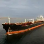 Aerial view of big oil tanker. Large oil tanker ship enters the port