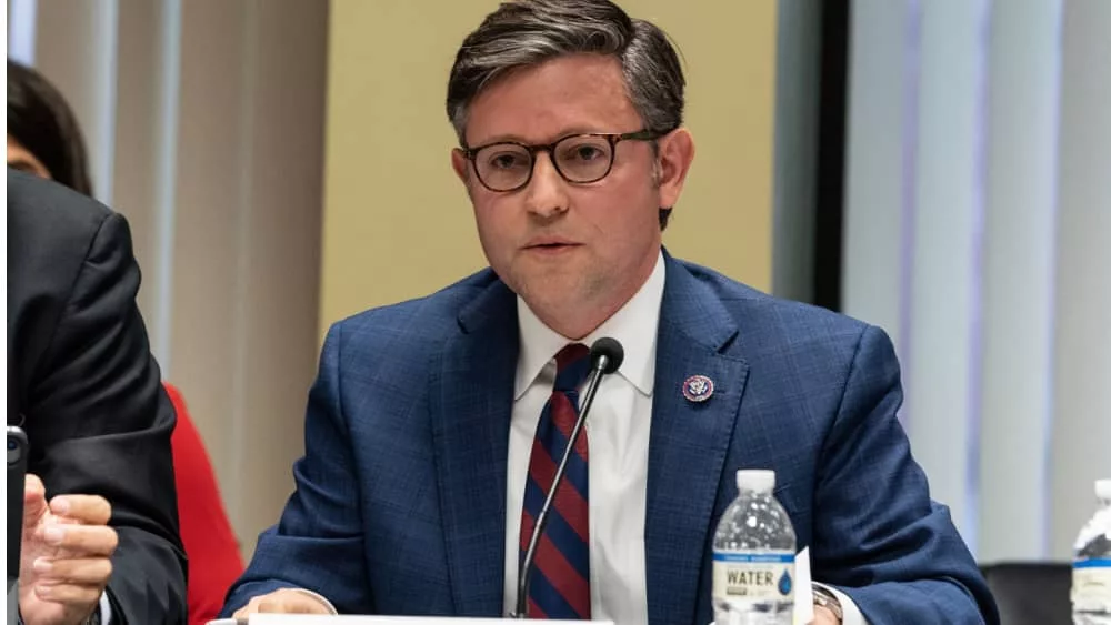 House speaker Mike Johnson during House Judiciary Committee at Javits Federal Building in New York City on April 17^ 2023