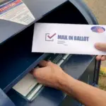A man puts an absentee mail-in ballot in the mailbox. Circa August^ 2020