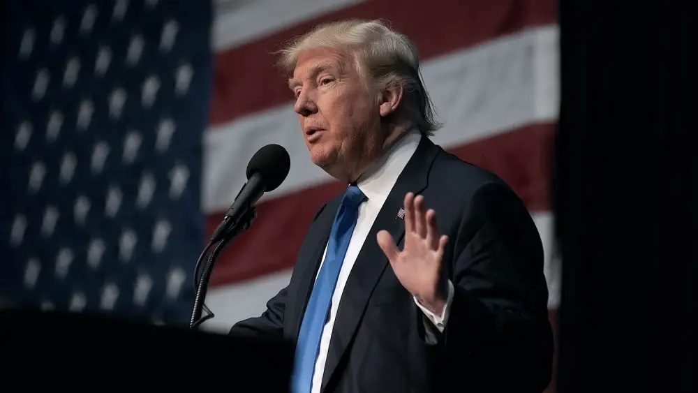 Pres. Donald Trump speaking to his supporters at the “Make America Great Again” rally in the Sioux City Iowa convention center SIOUX CITY^ IOWA^ USA - NOVEMBER 6^ 2016