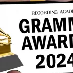 Grammy awards 2024 logo displayed on hand holding mobile screen. isolated on color background.