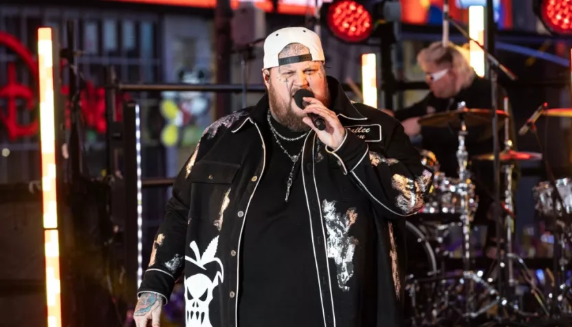 Jelly Roll performs on stage during 2024 New Year's celebration on Times Square in New York on December 31^ 2023.