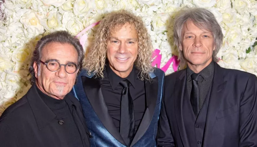 (L-R) Bon Jovi members Tico Torres^ David Bryan^ and Jon Bon Jovi attend the opening night of "Diana^ The Musical" on Broadway at The Longacre Theatre. NEW YORK^ NEW YORK - NOVEMBER 17^ 2021