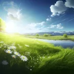 beautiful-meadow-field-with-fresh-grass-and-yellow-dandelion-flowers-in-nature-against-a-blurry-blue-sky-with-clouds-summer-spring-perfect-natural-landscape-ai-generative-photo