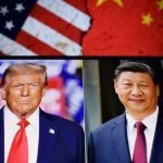 Photos of U.S. President Donald Trump and President of the People's Republic of China Xi Jinping appear on a smartphone screen. 11.04.2025. New York^ USA.
