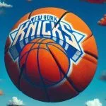 NY KNICKS LOGO on basketball floating in a AI GENERATED photo of clouds. Orange^ white and blue skies. Basketball theme. some clouds in the shape of basketballs^ some regular. New York knicks orange and blue colors