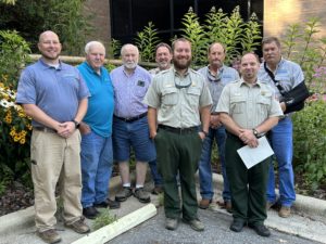 Pictured front row left to right: Rangers Michael Greene and Derek Arney. Back row: Aaron Franks, District Conservationist, and Soil and Water Board of Supervisors Allen Tolbert, Jack Adams, Ed Spivey, Russell Dellinger, and Mike D. Willis. 