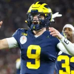 Michigan quarterback J.J. McCarthy #9 celebrates during the 2024 Rose Bowl game against Alabama Monday^ Jan. 1^ 2024^ in Pasadena^ Calif.