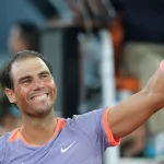 Rafael Nadal of Spain against Alex de Minaur in the Men's Singles Round of 64 match during Day Five of the Mutua Madrid Open at La Caja Magica on April 27^ 2024 in Madrid^ Spain.