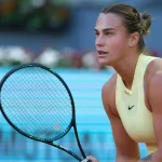 Aryna Sabalenka in the Women's Singles Round of 32 match during Day Six of the Mutua Madrid Open at La Caja Magica on April 28^ 2024 in Madrid^ Spain.