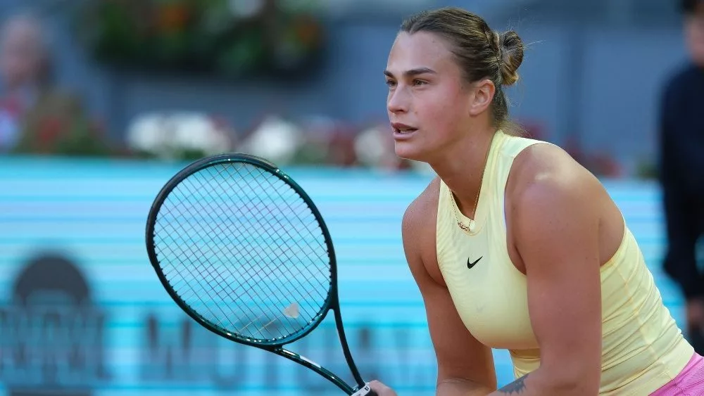 Aryna Sabalenka in the Women's Singles Round of 32 match during Day Six of the Mutua Madrid Open at La Caja Magica on April 28^ 2024 in Madrid^ Spain.