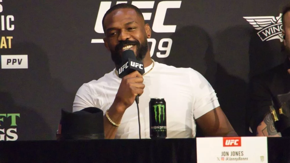 Jon Jones addresses a question from the crowd during the UFC 309 press conference ahead of the event. New York^ NY^ USA - November 14^ 2024: