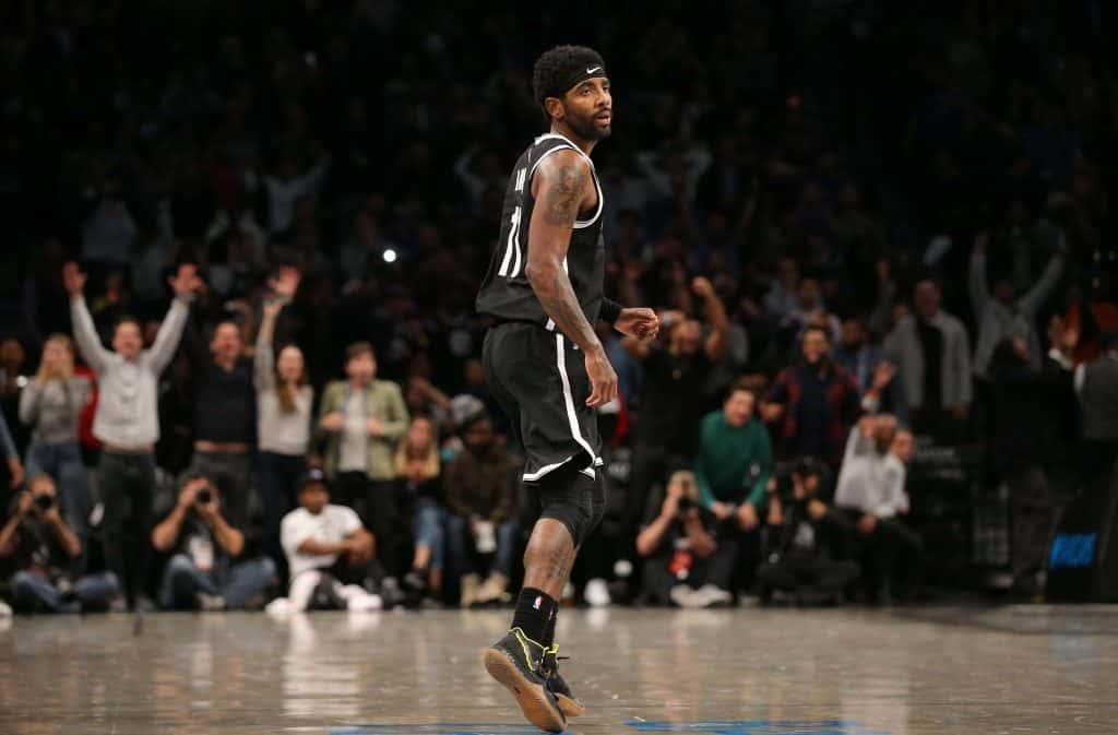 Oct 25, 2019; Brooklyn, NY, USA; Brooklyn Nets point guard Kyrie Irving (11) reacts after making the game winning shot against the New York Knicks during the fourth quarter at Barclays Center. Mandatory Credit: Brad Penner-USA TODAY Sports