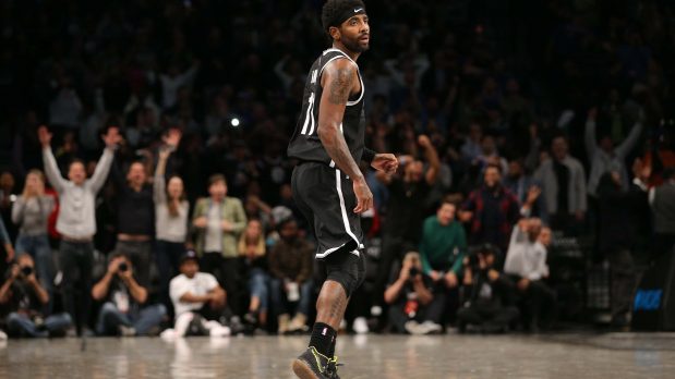 Oct 25, 2019; Brooklyn, NY, USA; Brooklyn Nets point guard Kyrie Irving (11) reacts after making the game winning shot against the New York Knicks during the fourth quarter at Barclays Center. Mandatory Credit: Brad Penner-USA TODAY Sports