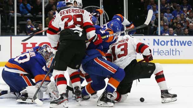 Jan 2, 2020; Brooklyn, New York, USA; New York Islanders goaltender Semyon Varlamov (40) defends his net against the New Jersey Devils during the third period at Barclays Center. Mandatory Credit: Andy Marlin-USA TODAY Sports