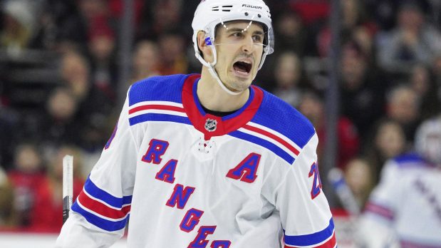 Feb 21, 2020; Raleigh, North Carolina, USA; New York Rangers left wing Chris Kreider (20) reacts during the third period against the Carolina Hurricanes at PNC Arena. The New York Rangers defeated the Carolina Hurricanes 5-2. Mandatory Credit: James Guillory-USA TODAY Sports