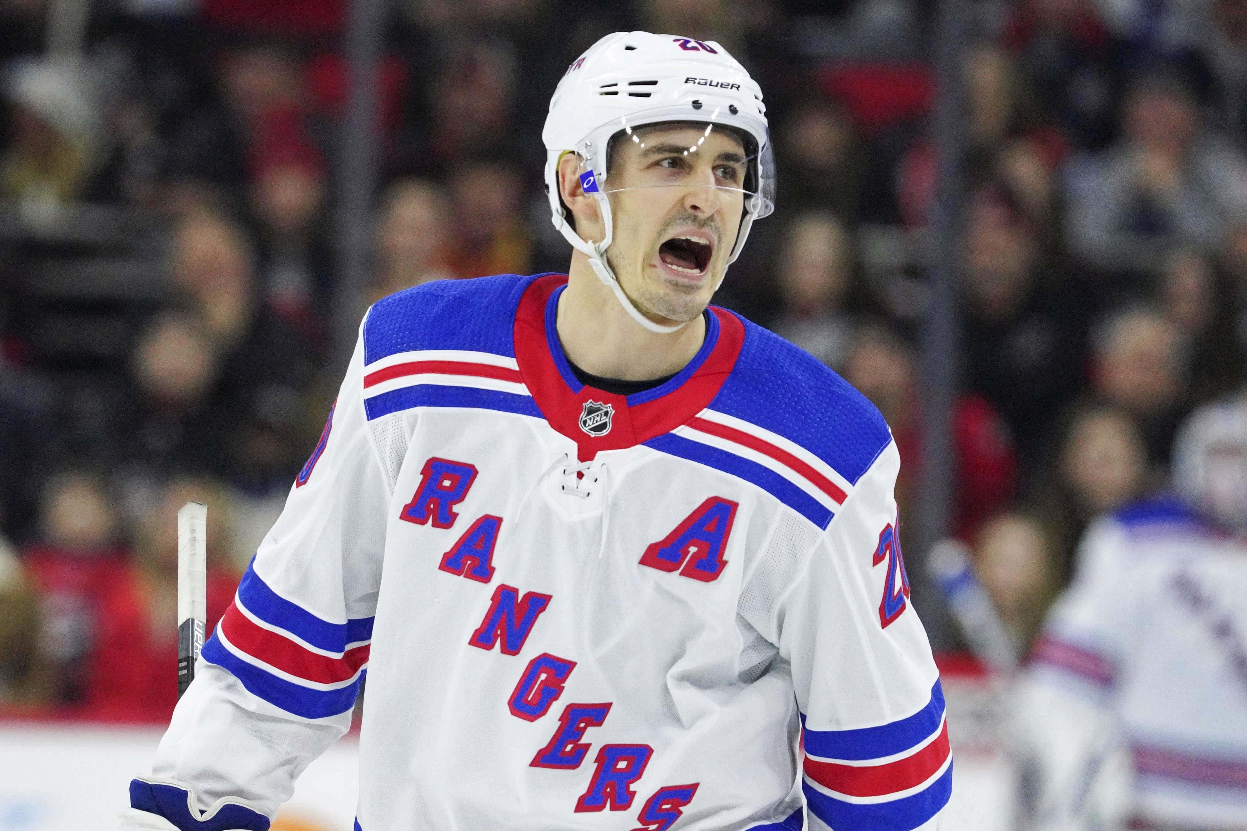 Feb 21, 2020; Raleigh, North Carolina, USA; New York Rangers left wing Chris Kreider (20) reacts during the third period against the Carolina Hurricanes at PNC Arena. The New York Rangers defeated the Carolina Hurricanes 5-2. Mandatory Credit: James Guillory-USA TODAY Sports