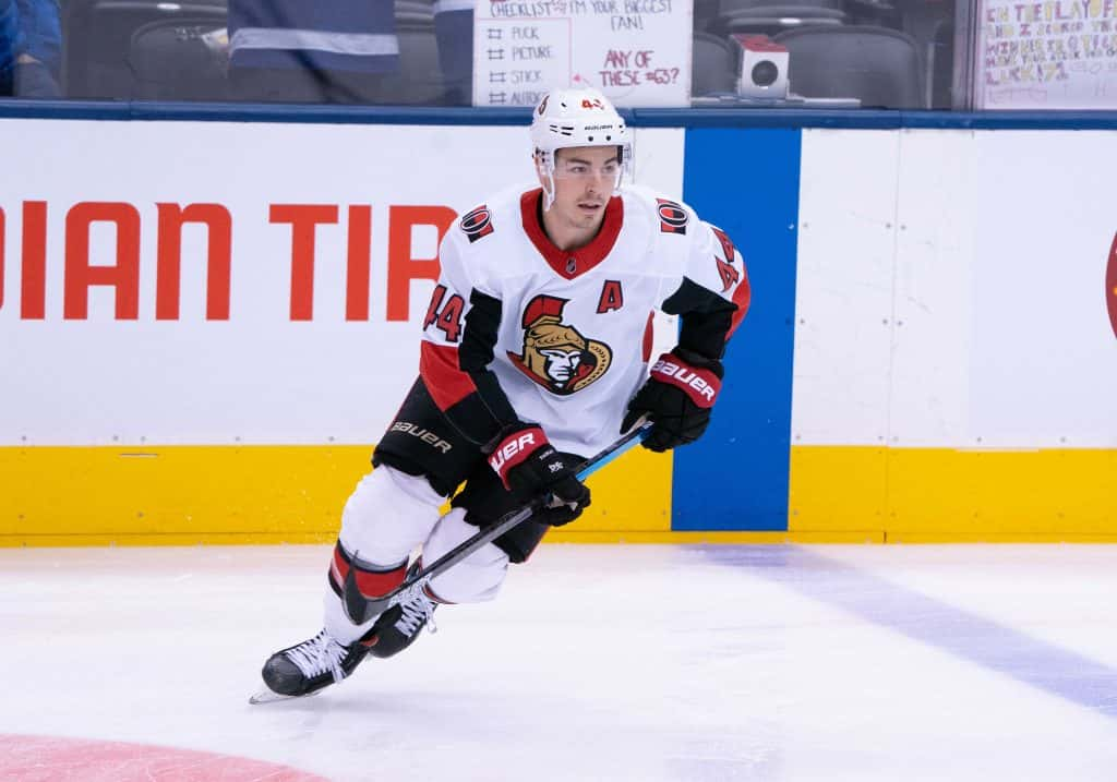 Feb 1, 2020; Toronto, Ontario, CAN; Ottawa Senators center Jean-Gabriel Pageau (44) skates during the warmup against the Toronto Maple Leafs at the Scotiabank Arena. Mandatory Credit: Nick Turchiaro-USA TODAY Sports