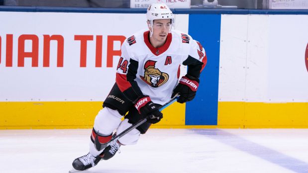 Feb 1, 2020; Toronto, Ontario, CAN; Ottawa Senators center Jean-Gabriel Pageau (44) skates during the warmup against the Toronto Maple Leafs at the Scotiabank Arena. Mandatory Credit: Nick Turchiaro-USA TODAY Sports