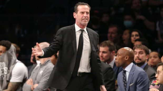 Mar 6, 2020; Brooklyn, New York, USA; Brooklyn Nets head coach Kenny Atkinson reacts during the second quarter against the San Antonio Spurs at Barclays Center. Mandatory Credit: Brad Penner-USA TODAY Sports