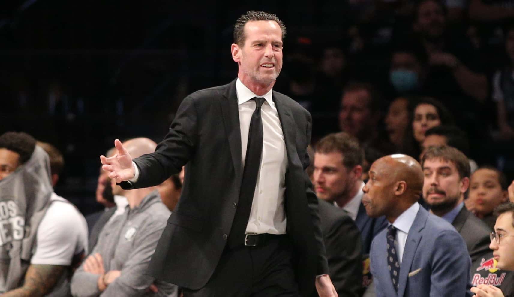 Mar 6, 2020; Brooklyn, New York, USA; Brooklyn Nets head coach Kenny Atkinson reacts during the second quarter against the San Antonio Spurs at Barclays Center. Mandatory Credit: Brad Penner-USA TODAY Sports