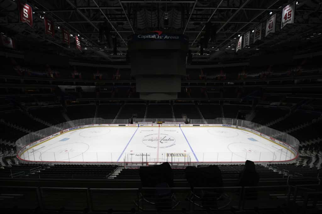 The Capital One Arena, home of the Washington Capitals NHL hockey club, sits empty Thursday, March 12, 2020, in Washington. The NHL is following the NBA’s lead and suspending its season amid the coronavirus outbreak, the league announced Thursday. (AP Photo/Nick Wass)