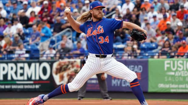 Mar 8, 2020; Port St. Lucie, Florida, USA; New York Mets starting pitcher Noah Syndergaard (34) throws in the first inning Houston Astros at Clover Park. Mandatory Credit: Steve Mitchell-USA TODAY Sports