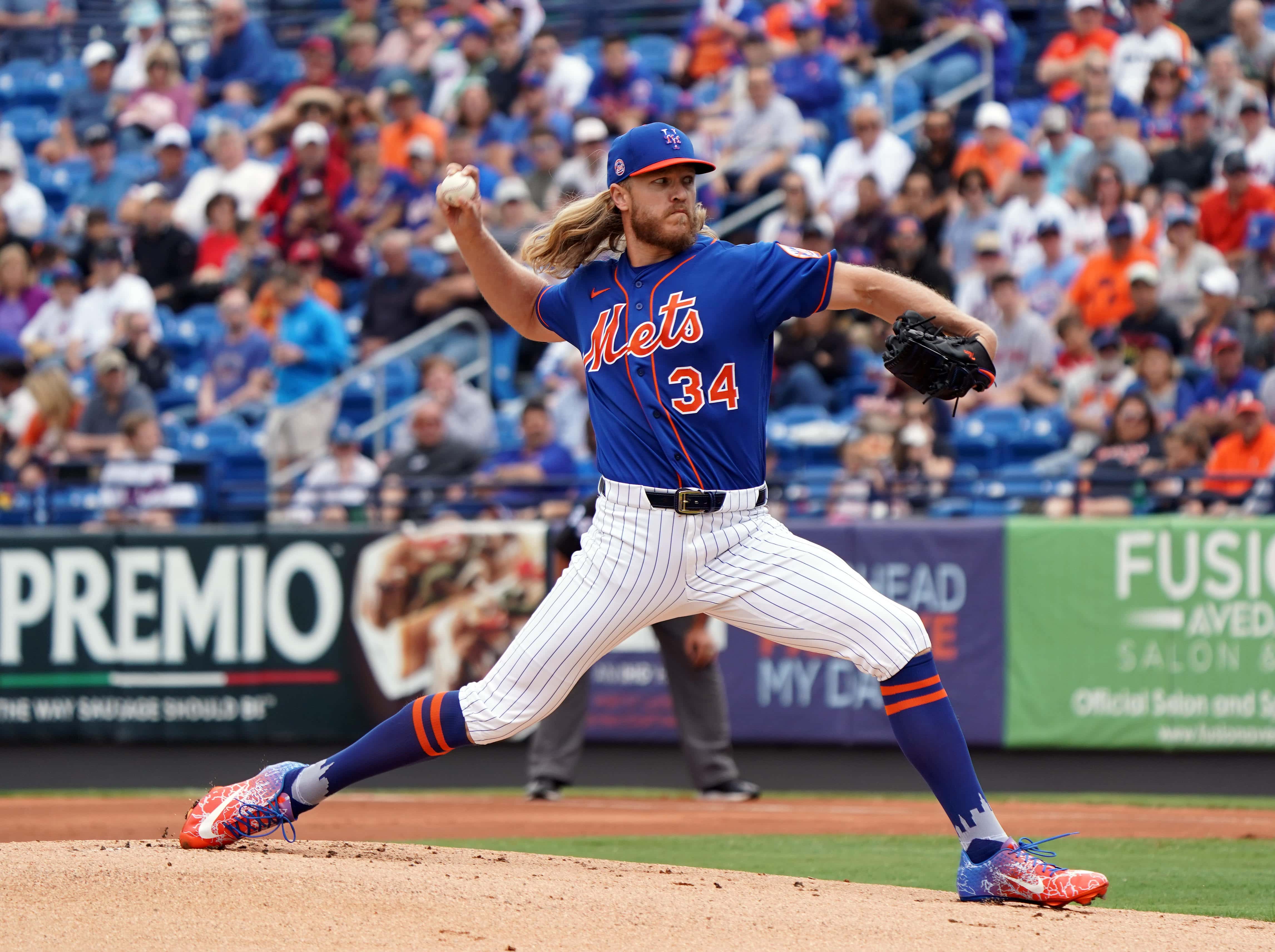 Mar 8, 2020; Port St. Lucie, Florida, USA; New York Mets starting pitcher Noah Syndergaard (34) throws in the first inning Houston Astros at Clover Park. Mandatory Credit: Steve Mitchell-USA TODAY Sports